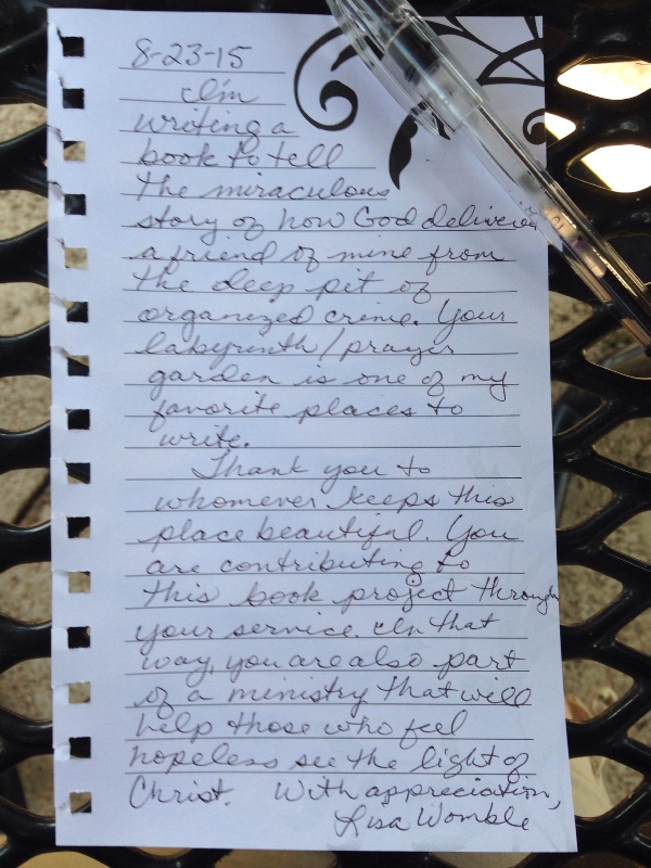 A note I left at Zion United Methodist's labyrinth last month.
